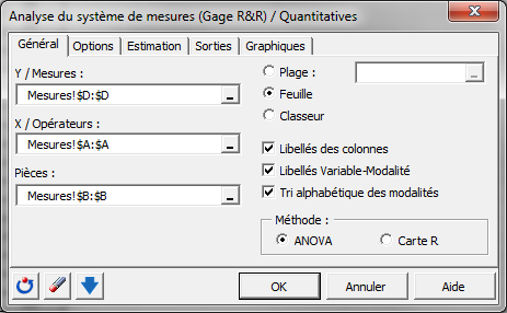 SPC analyse du systeme de mesures quantitatives : Boîte de dialogue - Général SPC analyse du systeme de mesures quantitatives : Boîte de dialogue - Général