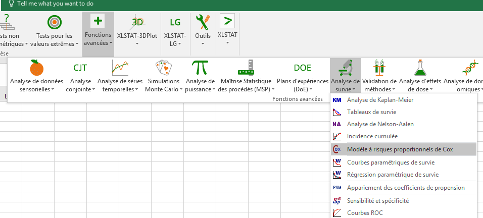 XLSTAT modèle risques proportionnels de Cox, menu Analyse de Survie