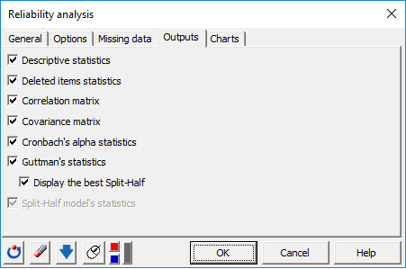 XLSTAT Reliability Analysis dialog box, Outputs tab
