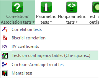 correlation association tests menu