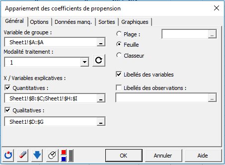 XLSTAT Appariement des coefficients de propension, boîte de dialogue, Général