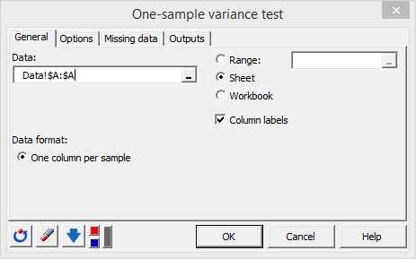 XLSTAT one sample variance test, general tab