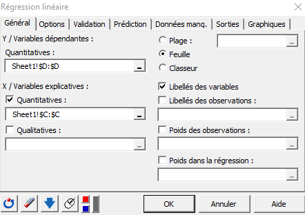XLSTAT boîte de dialogue régression linéaire onglet général