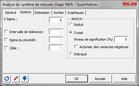 SPC analyse du systeme de mesures quantitatives : Boîte de dialogue - Options SPC analyse du systeme de mesures quantitatives : Boîte de dialogue - Options