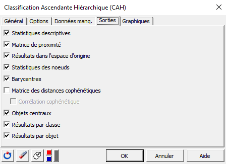 XLSTAT Classification Ascendante Hiérarchique (CAH), onglet Sorties