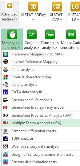 XLSTAT sensory data analysis menu MFA EN