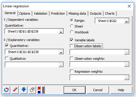 XLSTAT dialog box for running a linear regression XLSTAT dialog box for running a linear regression