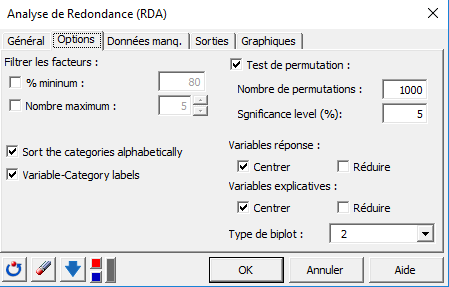 XLSTAT boîte de dialogue Analyse de Redondance (RDA) 2