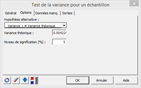 xlstat one sample variance test, options tab