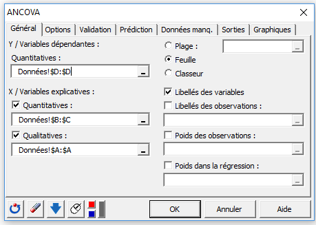 XLSTAT Ancova boîte de dialogue