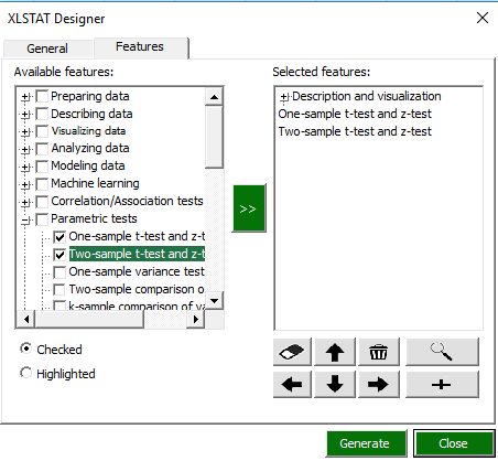 XLSTAT Designer t-tests