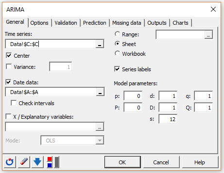 XLSTAT dialog box for Arima-General Tab