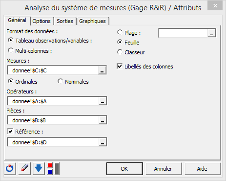 Analyse de systÃ¨mes de mesures Gage RR avec Excel et XLSTAT, boite de dialogue 1