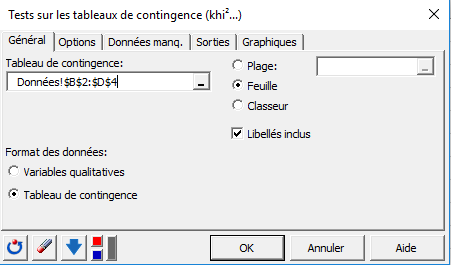 XLSTAT tests sur les tableaux de contingence, onglet Général