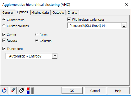 XLSTAT AHC in Excel, dialog box options tab