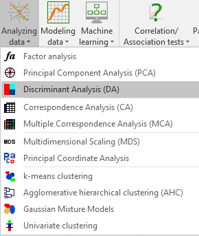 XLSTAT Analyzing data menu, Discriminant Analysis