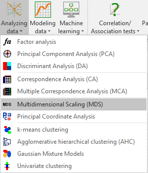 XLSTAT Analyzing data menu, Multidimensional Scaling in Excel