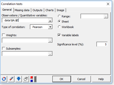 Set up a Pearson correlation test with XLSTAT, general tab Set up a Pearson correlation test with XLSTAT, general tab