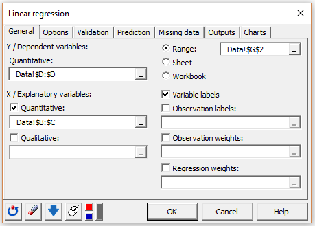 XLSTAT dialog box for setting up a Linear regression (general tab) XLSTAT dialog box for setting up a Linear regression (general tab)