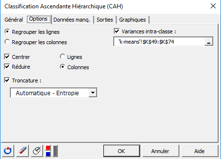 XLSTAT Classification Ascendante Hiérarchique (CAH), onglet options