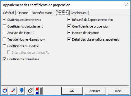 Appariement des coefficients de propension, onglet Sorties