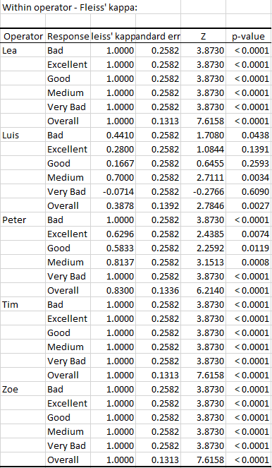 XLSTAT statistical software for Excel Gage R&amp;R for attributes outputs 3