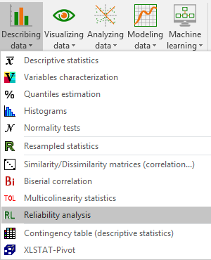 XLSTAT Describing Data menu, Reliability Analysis