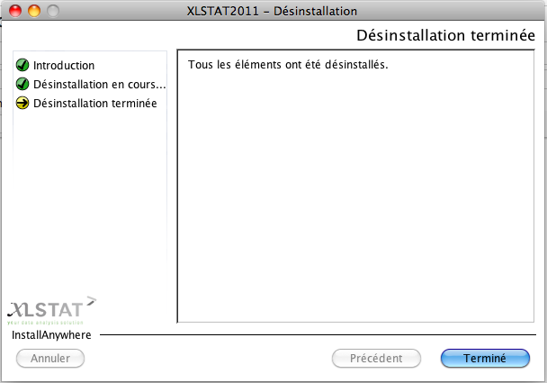 Désisntallation de XLSTAT sur Mac OS X - Désinstallation réussie