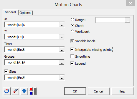Motion charts dialog box, XLSTAT statistical software for Excel