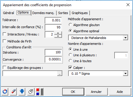 Appariement des coefficients de propension XLSTAT, onglet Options