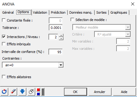 XLSTAT ANOVA boite de dialogue, onglet Options