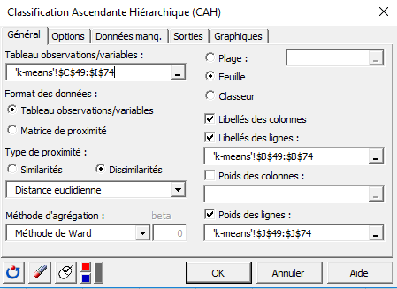 XLSTAT Classification Ascendante Hiérarchique (CAH), onglet général