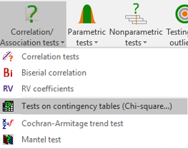 XLSTAT correlation/association tests menu