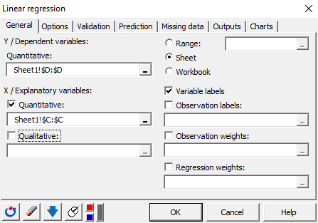 xlstat linear regression dialog box 