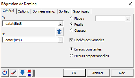 RÃ©gression de Deming: Boite de dialogue, onglet gÃ©nÃ©ral