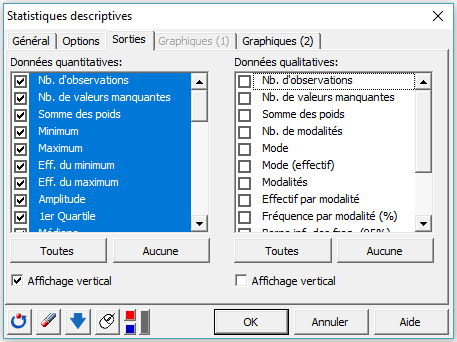 Boîte de dialogue Statistiques Descriptives, onglet Sorties