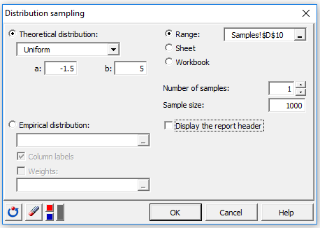 XLSTAT dialog box for distribution sampling (uniform) XLSTAT dialog box for distribution sampling (uniform)