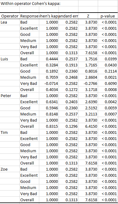 XLSTAT statistical software for Excel Gage R&amp;R for attributes outputs 4