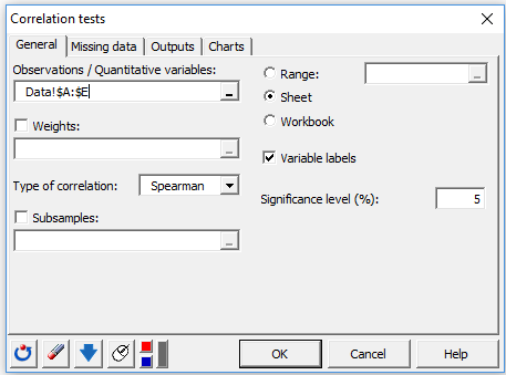 XLSTAT dialog box for setting up a Spearman correlation test XLSTAT dialog box for setting up a Spearman correlation test