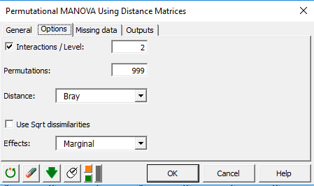 XLSTAT-R adonis dialog box, Options tab