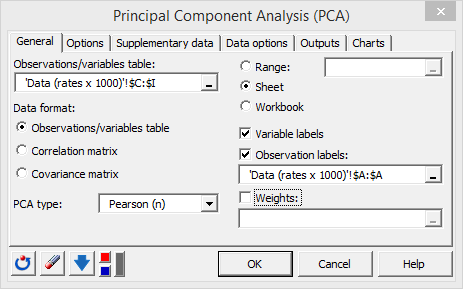 XLSTAT principal component analysis dialog box general tab