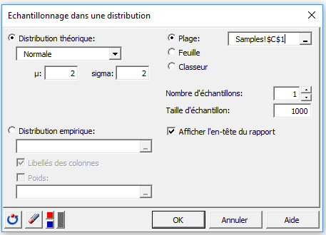 XLSTAT boîte de dialogue pour effectuer une échantillonnage dans une distribution normale XLSTAT boîte de dialogue pour effectuer une échantillonnage dans une distribution normale