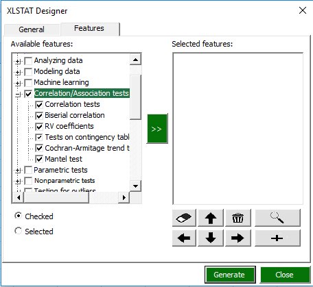 XLSTAT designer features tab description