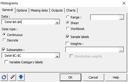 XLSTAT histogram dialog box general tab
