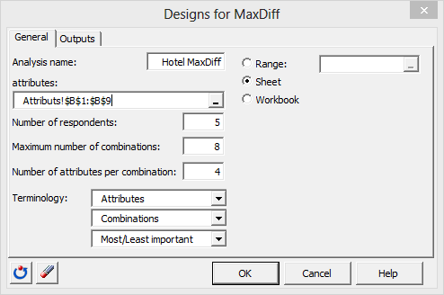 XLSTAT Designs for MaxDiff dialog Box General Tab