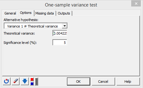 xlstat one sample variance test, options tab