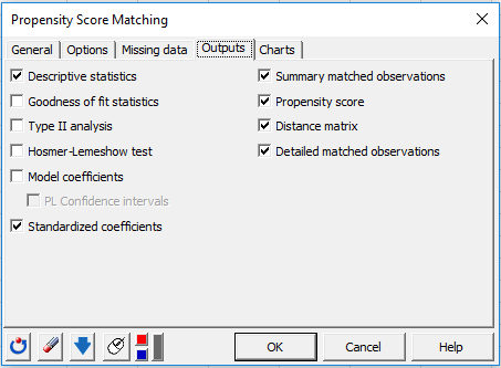 XLSTAT Propensity Score Matching dialog box, Outputs tab