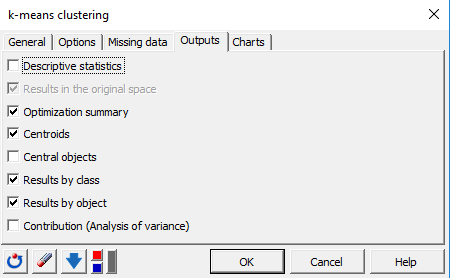 XLSTAT k-means dialog box Outputs tab