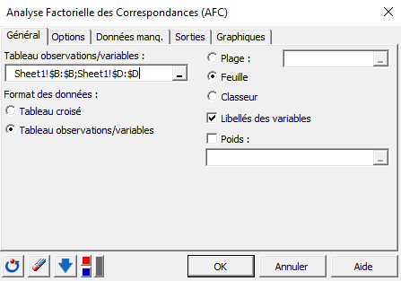 XLSTAT AFC pour Excel, boîte de dialogue, onglet Général
