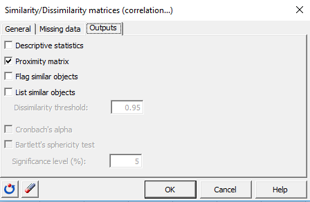 XLSTAT similarity / dissimilariy matrix dialog box, output tab